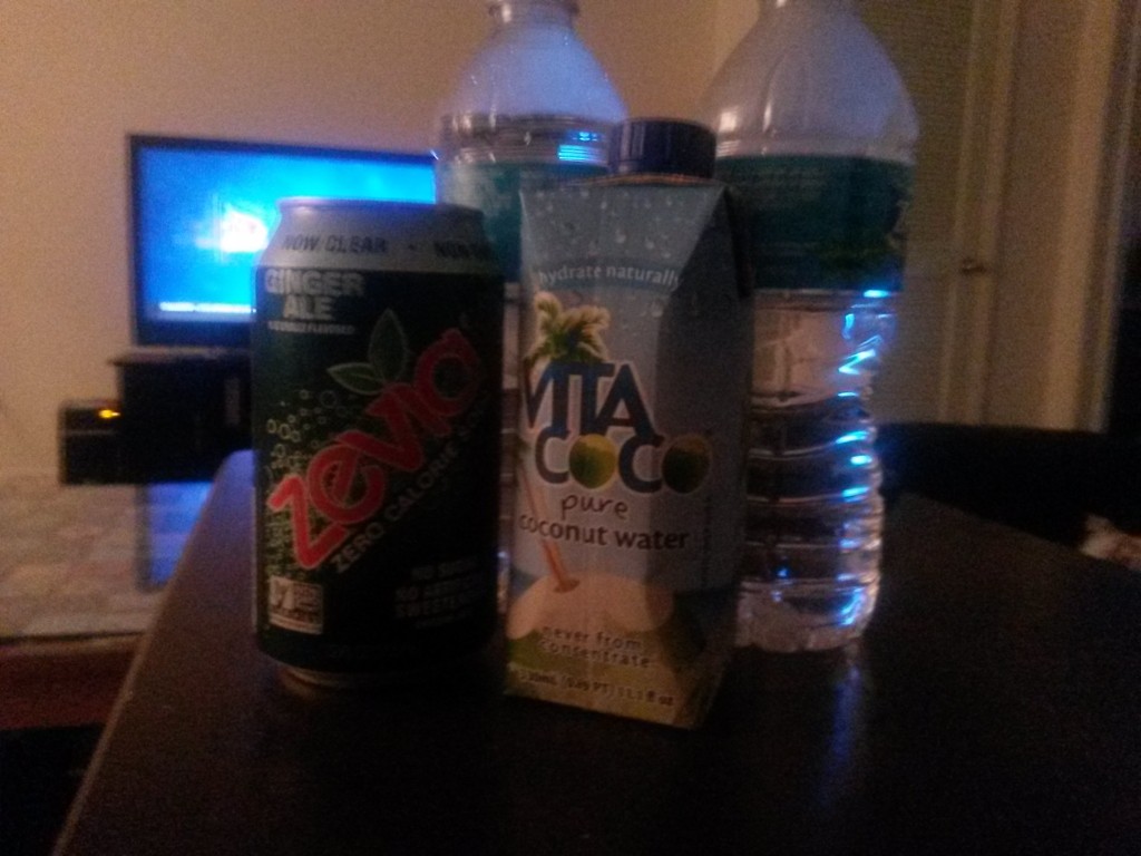Ginger ale, coconut water, and 2 water bottles